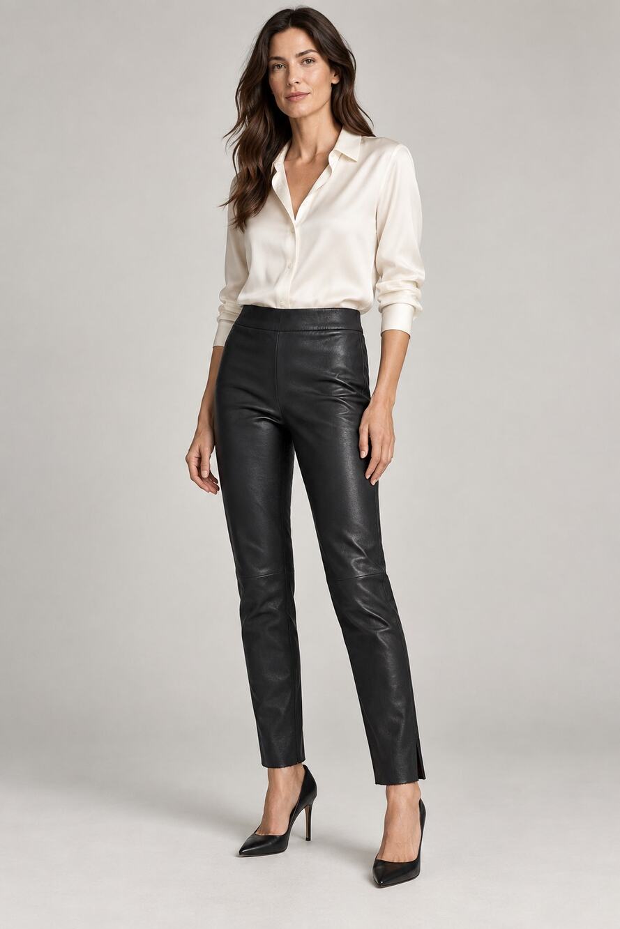 Joseph Genuine Leather Leggings Black Lambskin Skinny Pants Raw Cut Hem 36/XS